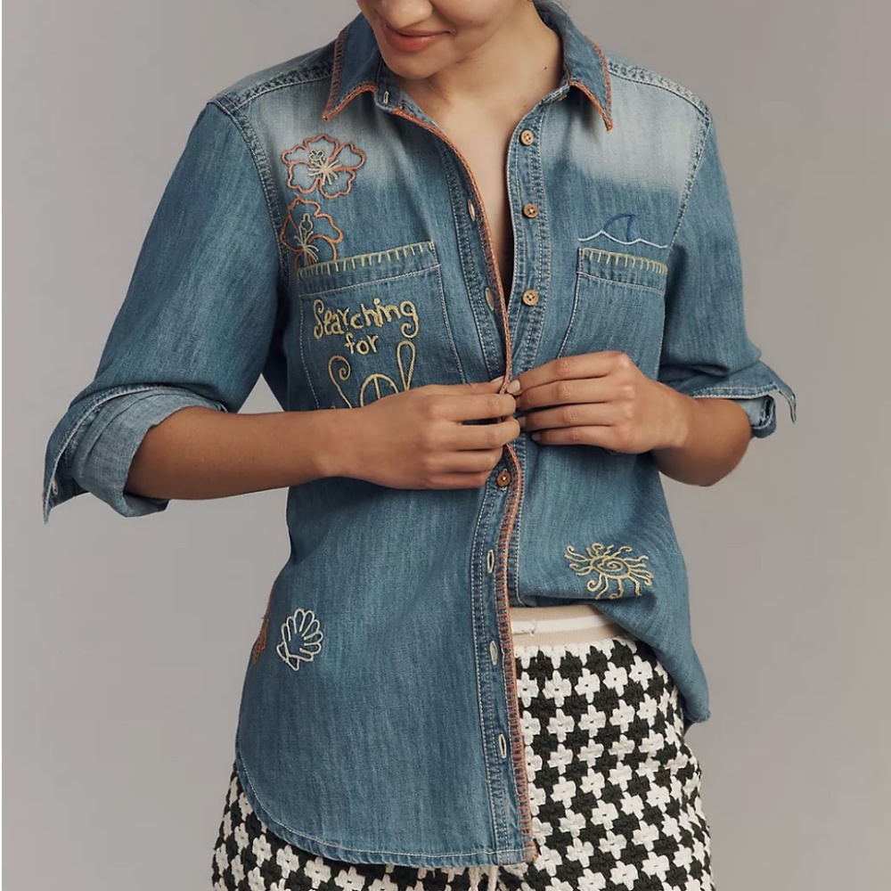 Pilcro Long-Sleeve Embroidered Icon Denim Buttondown Shirt